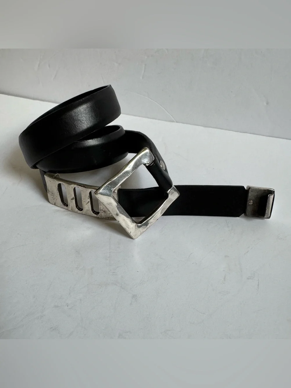Vtg Sandy Duftler Black Leather Silver Tone Belt M Brutalist Modernist Buckle